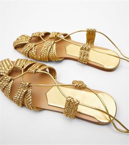 Vrouwenriem sandalen gebreide gouden cross-zomer strandschoenen vrouw hol uit platte slipper veter flats Boheemse glijbanen 23071 26 s
