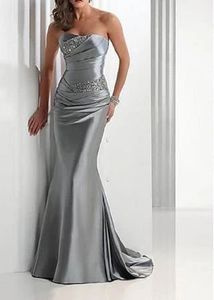 Robe de soirée sirène en Satin pour femmes, sans bretelles, longue, gris argenté, longueur au sol, avec perles, robes de demoiselle d'honneur, 2021