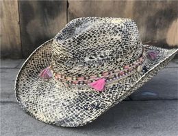 Femmes paille creux Western Cowboy chapeau élégant dame gland Sombrero Hombre chapeau fascinateur Sunbonnet Cowgirl chapeau de soleil T2006059729232