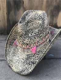 Mujeres Paja Hueco Sombrero de Cowboy del Oeste Elegante Señora Borla Sombrero Hombre Sombrero Fascinator Sunbonnet Cowgirl Sombrero para el sol T2006055084182