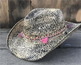 Femmes paille creux de cowboy western hat élégant dame tassel sombrero hombre chapeau fascinateur sunbonnet cowgirl soleil hat t2006052643532