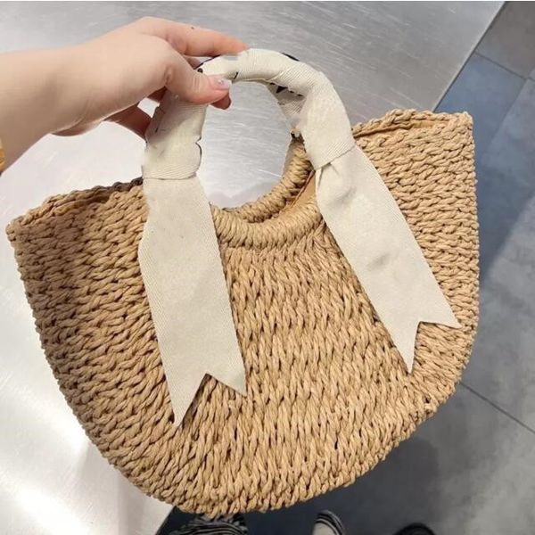 Bolso WOODY de paja para mujer Bolsos de compras de mimbre Tejido Hobo Lino Bolsos de playa grandes Bolsos de hombro cruzados de diseñador de lujo Gris 2 tamaño