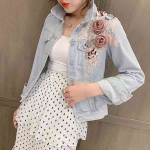 Femmes Streetwear Poche À Manches Longues Slim Denim Veste Automne Mode Amovible Fleurs Brodées Jean Manteau BF Survêtement 210514