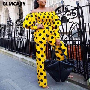 Dames Streetwear Slash Neck Polka Dot Puff Sleeve Dames Sets Casual Print Pullover Korte Top en Vloer-length Broek Twee stukken 210727