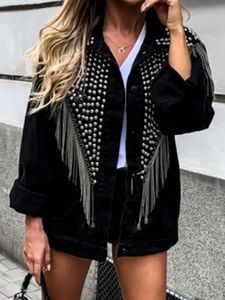 Femmes Streetwear Style Denim veste printemps automne à manches longues revers Rivet gland lâche coréen jean manteau femme noir vêtements d'extérieur 240301