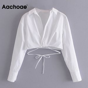 Femmes Streetwear White Cropped Shirt Bow Crossover Shirts Chics Chautes à manches longues Blouse décontractée Tops 210413