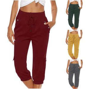 Pantalons extensibles des femmes Couleurs massives POCHES DE VALLES DE LONGUEUR MIDE-CALF