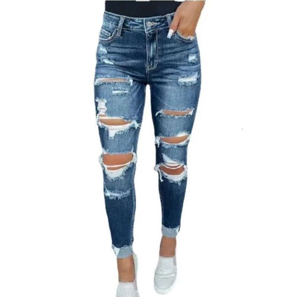 Jeans déchirés extensibles pour femmes, pantalon en Denim effiloché à ourlet brut avec trou, vente en gros de marque de styliste