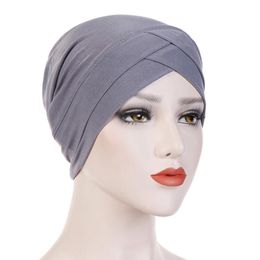 Dames Stretchy Turban Hoed Cross Head Wrap Katoen Cap Solid Soft Headscarf Nieuwe Collectie Mode Moslim Sjaal Hoge Kwaliteit