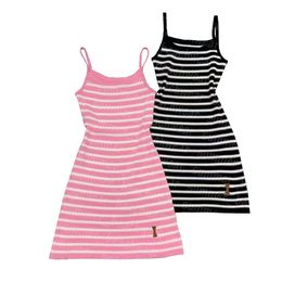 Femmes Stripe Print Dress Summer Tight Knitting Robes Sans Manches Respirant Knits Dress Sexy Bodycon Robes