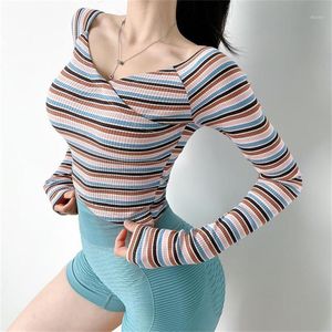 Vrouwen Stripe Sport Shirts Lange Mouwen Gym Tops Fitness Sexy Yoga Top Lopende Ademend T-shirts Woman Outfit
