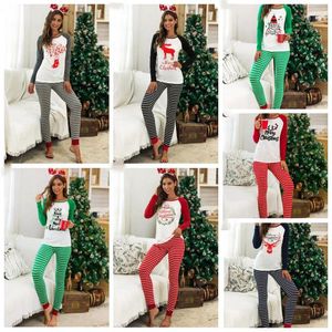 Dames Gestreepte Lange Mouwen Tops Kerst PutaMas Sets Xmas Brief Homewear Broek Slaaps O Hals Payamas Nachtkleding Nachtkleding AzyQ6581