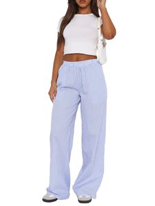 Vrouwen gestreepte print lounge broek los fit elastische hoge taille wijd been pop gaan uit streetwear 240412