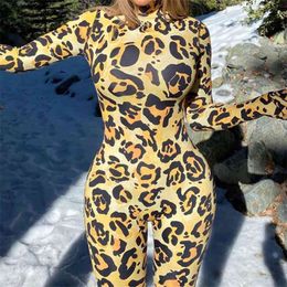 Dames Stijlvolle Jumpsuit Geel Leopord Print Turtleneck Fitness CONNECTE GLOKKEN SPEELDINGEN Sexy Clubwear 210517