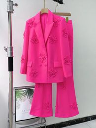 Damen Anzugkragen Frühlingsjacke voller Länge Fuchsia Mantel Modestil Micro Schlaghose Blumenanzüge Sets 2 Stück auf Lager 240112