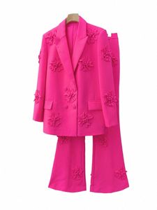 Traje de mujer Chaqueta de primavera Chaqueta de longitud completa Abrigo fucsia Estilo Fi Micro Pantalones acampanados Trajes fr Conjuntos 2 piezas en stock U8xf #