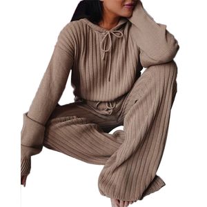 Costume pour femmes, tendance, automne, tricot, 2 pièces, manches longues, ample, haut à capuche, taille haute, pantalon à jambes larges, vêtements décontractés 211116