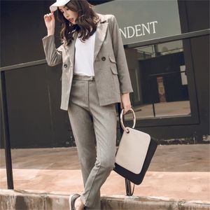 Vrouwen passen grijs casual blazer hoge taille pant kantoor dame ingekeed jas pant pakken Koreaanse femme 2 stuks set t200817