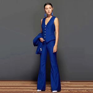 Femmes costumes 3 pièces ensemble rose bleu royal veste pantalon gilet Double boutonnage formel métal bouton Blazer affaires manteau