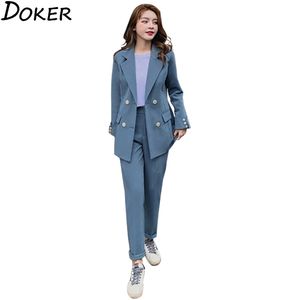 Vrouwen pakken kantoor sets lange mouw dubbel-breasted bedrijf dames elegante tweedelige blazer en broek set voor 210603