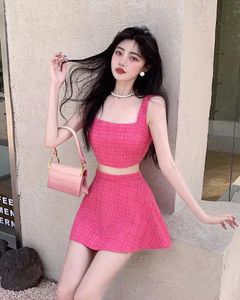 Vrouwen zomer 2 pc-jurk set rozenkleur tweed woolem crop top spaghetti riemvest en a-line short rok pak SML