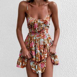 Vrouwen zomer backless lagen zoete boho korte mini jurk floral hoge taille avond feest strand jurken sundress 210521