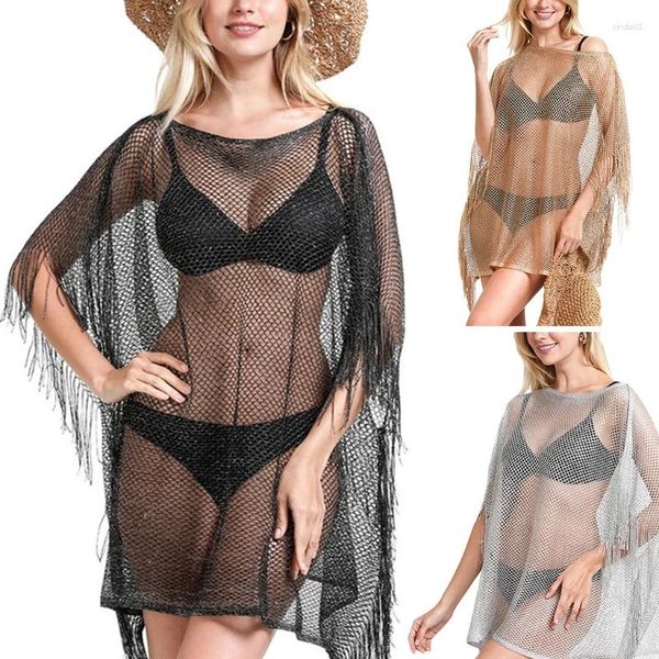 Femmes été manches chauve-souris maillot de bain couvrir brillant métallique gland robe de plage Sexy évider maille Net hauts