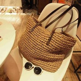 Femmes été plage Vintage à la main tricoté paille rotin sac grands sacs à bandoulière Boho tissé sac à main fourre-tout Bolso Playa G220210277P