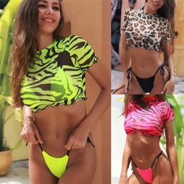 Vrouwen Summer Beach Dragen Bikini Print Split Swimsuit Sexy Halve Sleeve Thorat Diep Bikinis Leopard Swimwear Swim Suits Womens Ladies