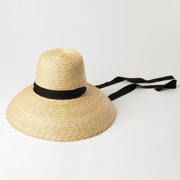 Mujeres Summer Big Floppy Hat Wheat Wheat What Why Black White Ribbon Lace Lace Tada de 15 cm de ancho Sun Protección UV Beach Cap240409