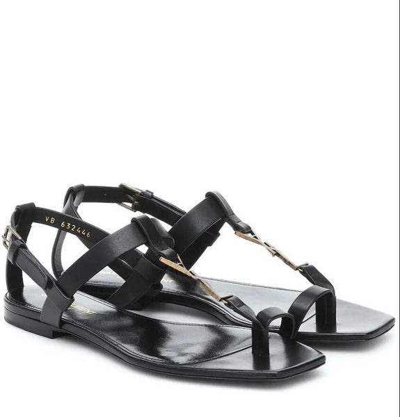 Mujer Verano negro cuero genuino Sandalia Cassandra tacones planos chanclas Zapatillas Punta abierta Pisos Sandalias de tacón Elegantes zapatos de mujer al aire libre Sandalias medallón