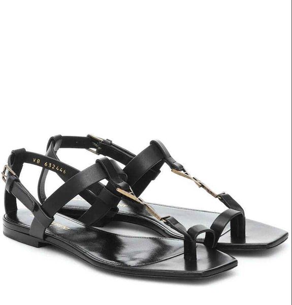 Sandalias de verano de cuero genuino negro para mujer, chanclas de tacón plano, zapatillas, zapatos planos con punta abierta, sandalias de tacón, zapatos elegantes para mujer al aire libre, sandalias con medallón