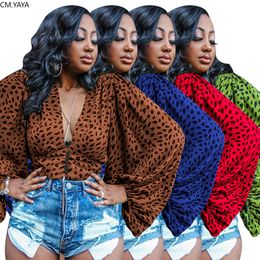 Blusas de verano para mujer, camisas de manga larga con estampado de leopardo y cuello en V, camisetas Vintage a la moda, Tops cortos de fiesta para Club nocturno de calle GL4007 210225