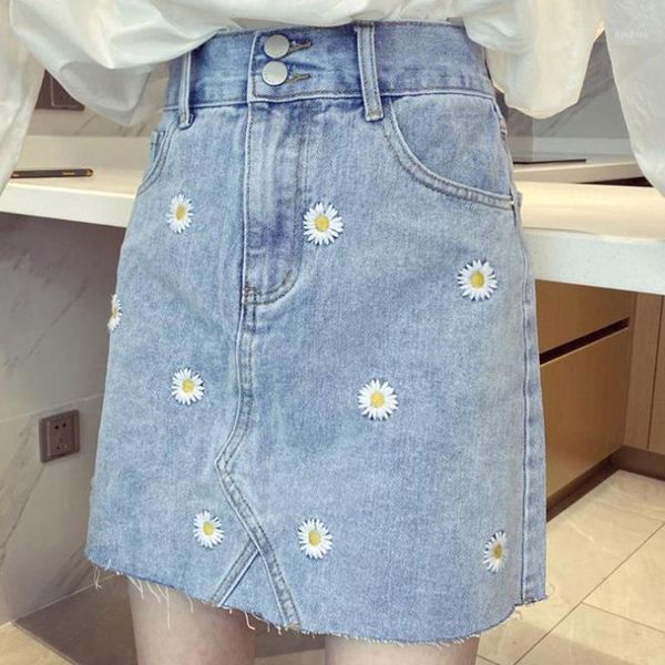 Femmes été bleu à fleurs taille haute crayon Denim jupes Saia jean poches de rue bouton tout assorti jupe décontractée