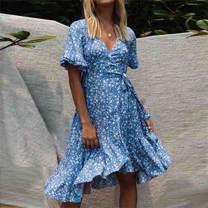 Femmes été bleu robe portefeuille plage décontracté midi boho es flore imprimé vintage manches évasées vestidos 210427