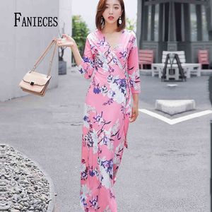 Femmes Summer Boho Robe Floral Print Robe à manches longues Femme Ete Split Maxi Es Party Beach Bohemian Drop 210520