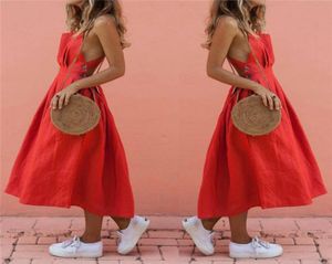 Femmes Summer Boho Longue longue robe maxi sexy Sexyless sans robe rouge robe de plage de la plage Vestido Mujer Y2003261088782