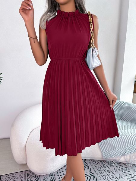 Vestido informal de verano para mujer, con volantes, sin mangas, plisado, hasta la rodilla, rojo, verde y azul