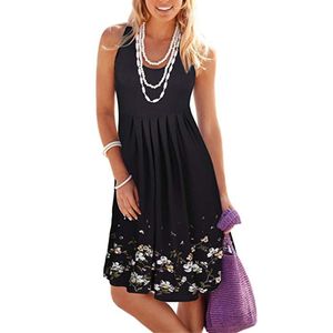 Vrouwen zomer casual schep nek mouwloze print geplooide tank vest mini jurken knie lengte sundress los