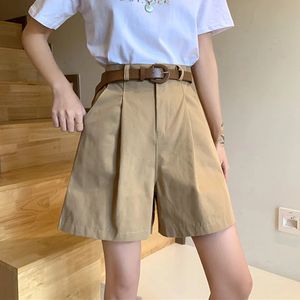 Vrouwen zomer casual shorts streetwear met riem katoen wijde pijpen vrouwelijke hoge taille rechte knielengte broek 240402