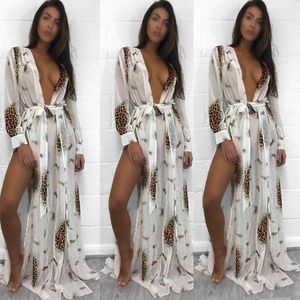 Femmes été en mousseline de soie Bikini couvrir maillots de bain maillot de bain plage longue Maxi robe imprimer Boho Sexy Perspective maille femmes