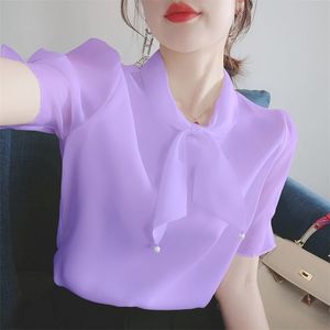 Femmes Summer Blouses en mousseline de soie Chemises Lady Casual Bow Tie Col Court Puff Sleeve Mousseline Blusas Tunique Tops DD9122 210401