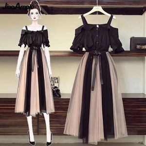 Vrouwen Zomerkledingpak Fashion Slash Neck Black Shirt Set Set Koreaanse zoete meiden Flare Sleeve Lagen Mesh Bowknot Dress 240323