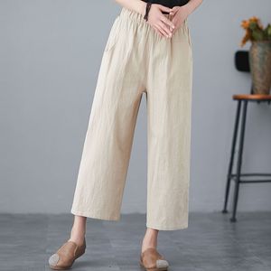 Femmes été coton lin pantalons décontractés nouveau Style Simple Vintage couleur unie lâche femme taille haute cheville longueur pantalon S3530 210412