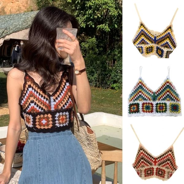 Mujeres Summer Crochet Knit Spaghetti Strap Top Top Ettnic Vintage Bordado Colorblock Geométrico Camisole Camisole