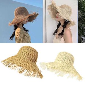 Femmes D'été Crochet Tissé Paille Pare-Soleil Chapeau Glands À Franges Grand Large Bord Protection UV Floppy Packable Beach Cap G220301 bonne mode