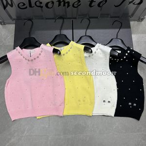 Pearl Decoration Vest Women Rhinestone Neckt Tanks Topletter Borduurde luxe vesten Casual stijl Knitwear