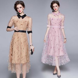 Vrouwen zomer ontwerper elegant geborduurd bloemen sexy slanke bruiloft feestje vrouwelijke vintage roze mesh jurk vestidos 210525