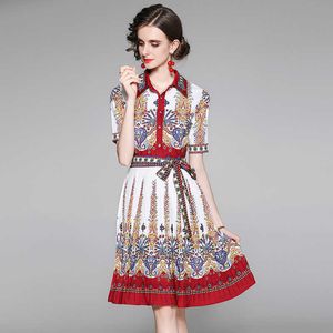 Vrouwen zomer ontwerper elegante geplooide jurk mode korte mouw casual feestje gewaad vrouwelijke vintage gedrukte shirt jurk vestidos 210525
