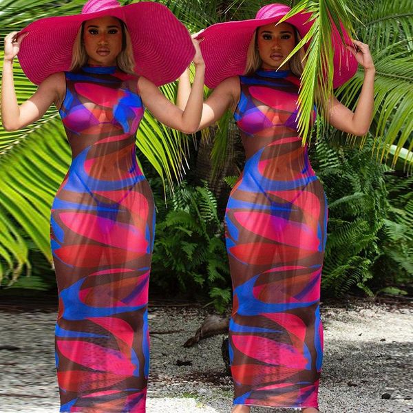 Vestido de verano para mujer 2021 malla ceñido al cuerpo leopardo elástico Maxi vestidos largos señoras ver a través de diseñador de moda Vestido Casual